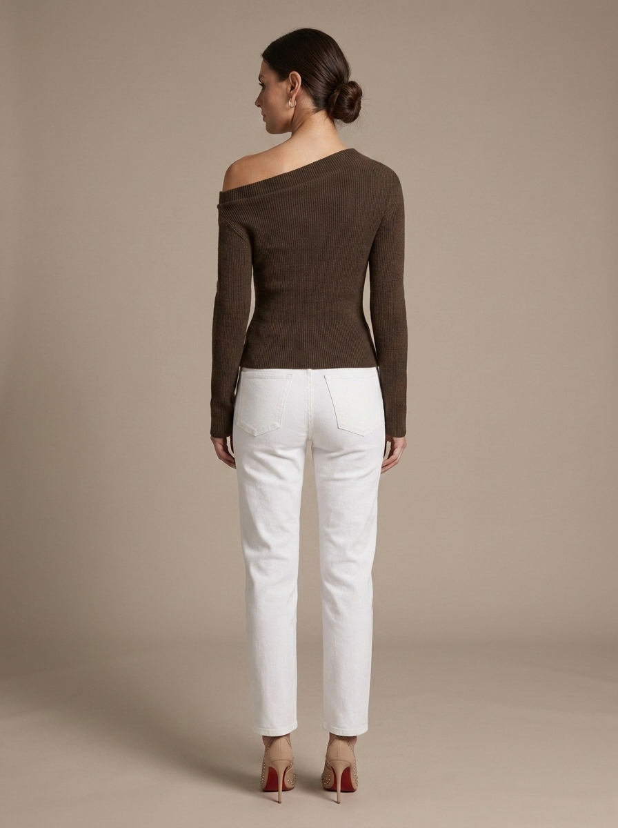 Brown Ribbed Asymmetric Knit Top worn by a model, back view