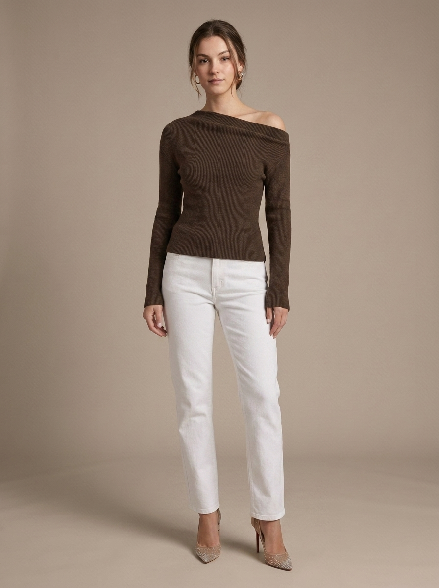 Brown Ribbed Asymmetric Knit Top worn by a model, front view