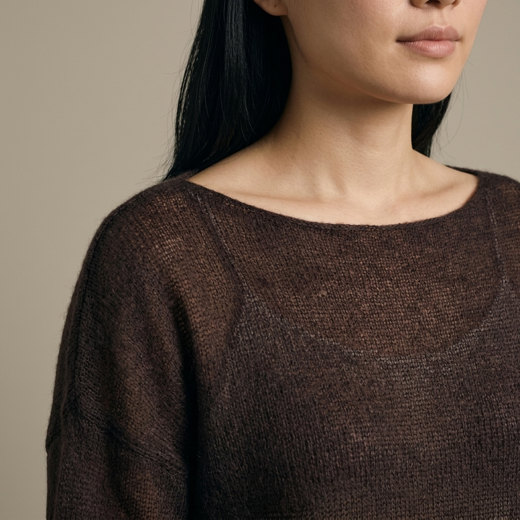 Close-up of Brown Sheer Knit Sweater, Oversized Fit detail