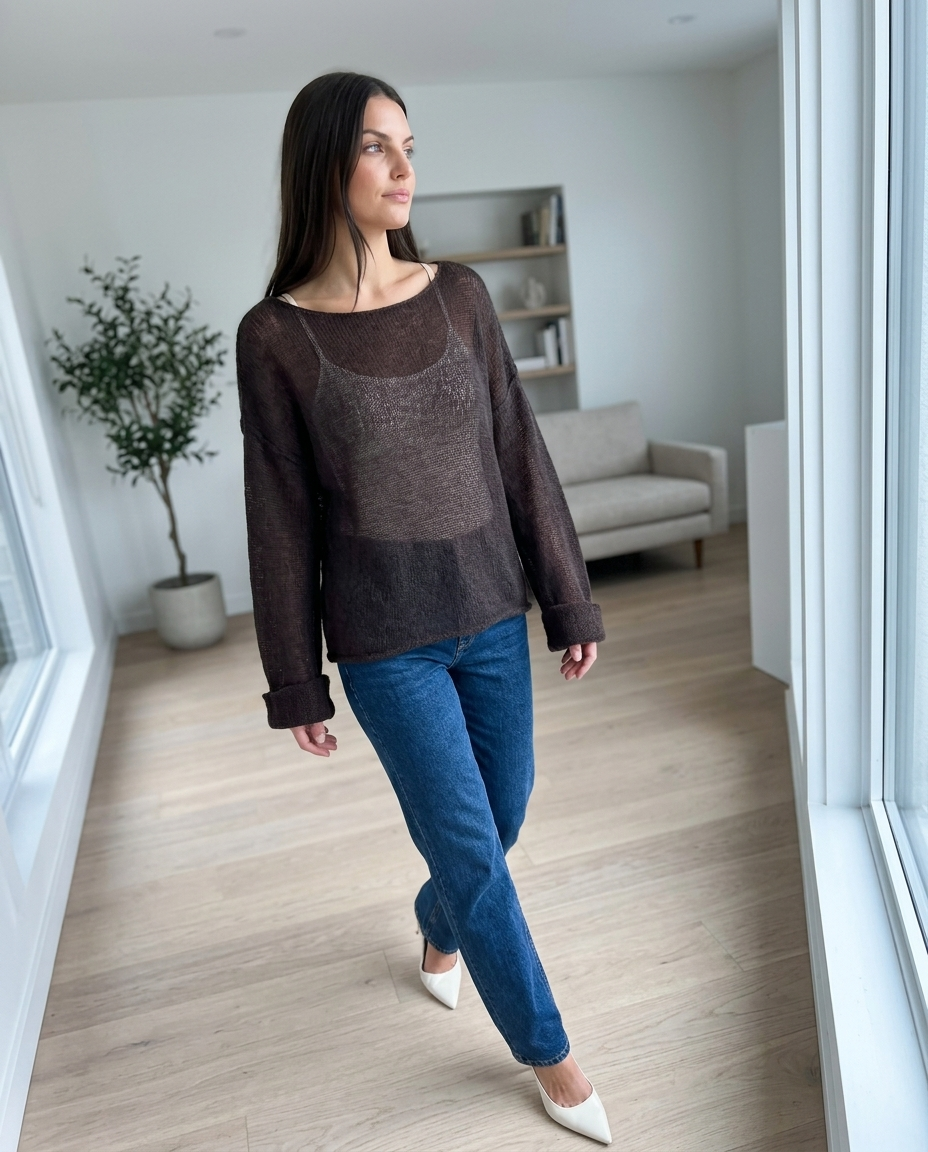 Brown Sheer Knit Sweater, Oversized Fit styled in a daylight interior setting