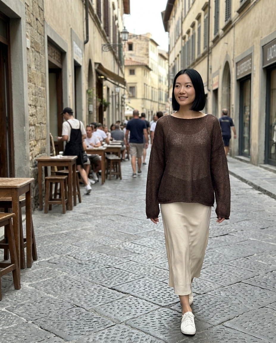 Brown Oversized Sheer-Knit Sweater worn in an everyday street setting