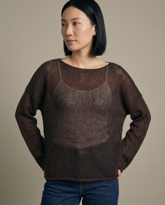 Brown Sheer Knit Sweater, Oversized Fit worn by a model, close waist-up view