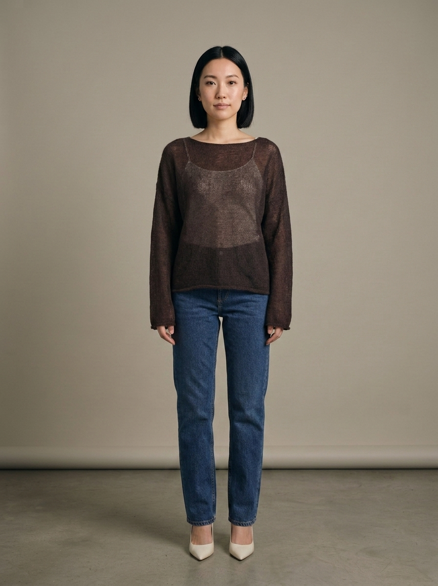 Brown Sheer Knit Sweater, Oversized Fit worn by a model, front view