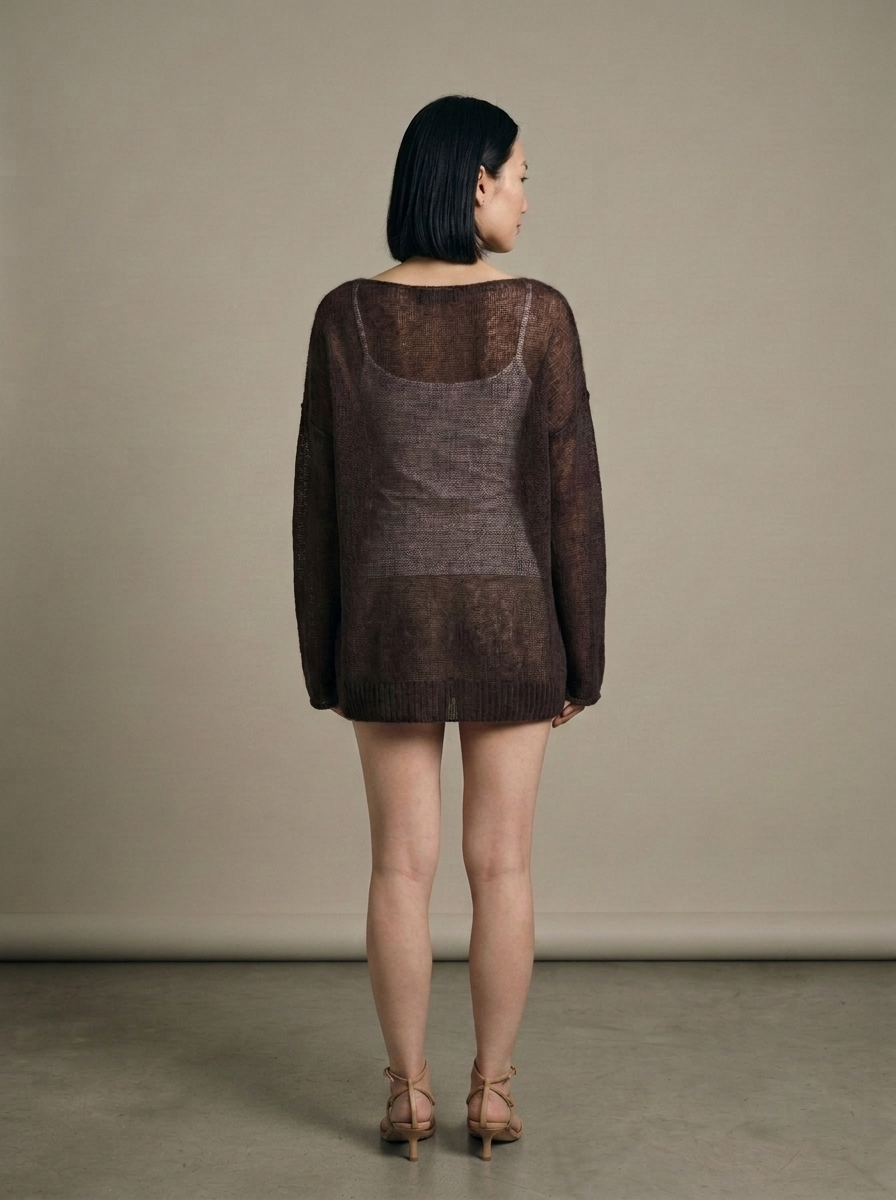 Brown Sheer Knit Sweater, Oversized Fit worn by a model, back view