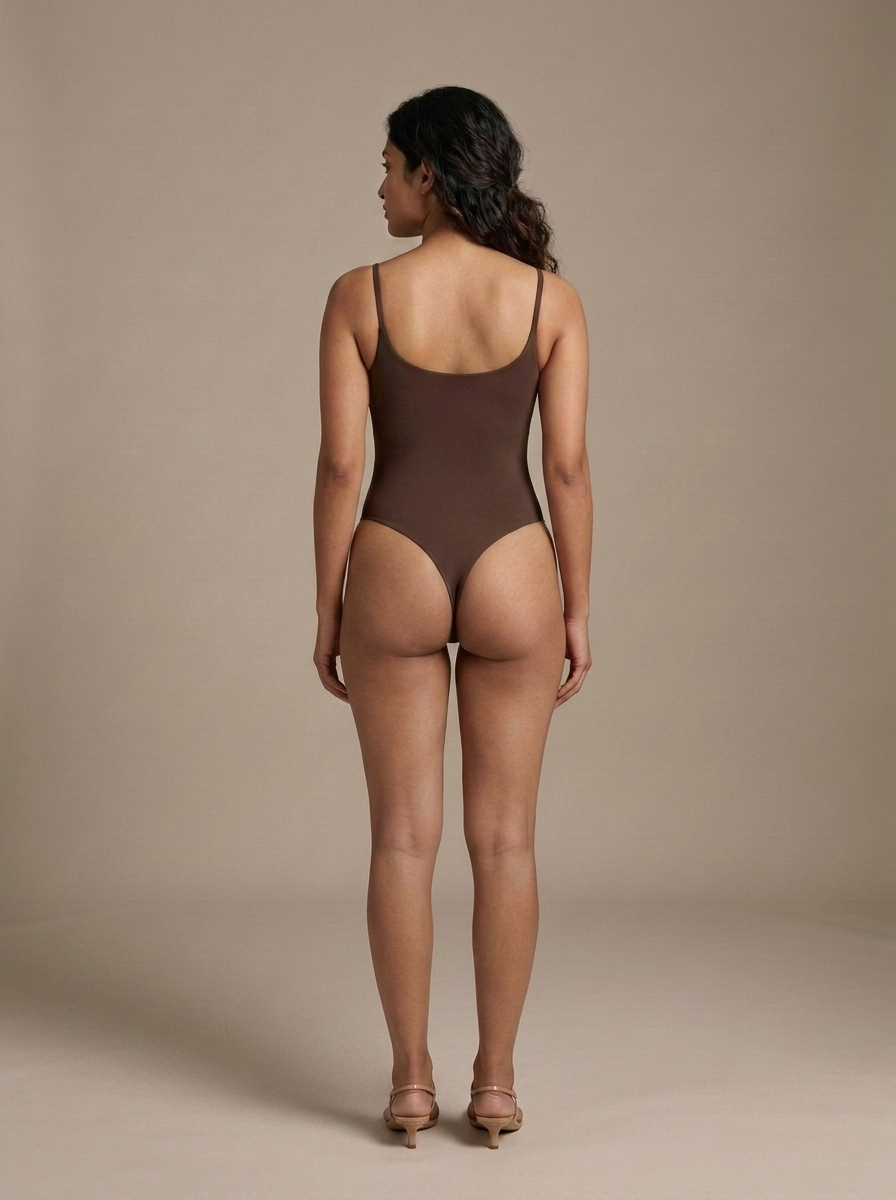 Brown Square Neck Thong Swimsuit worn by a model, back view