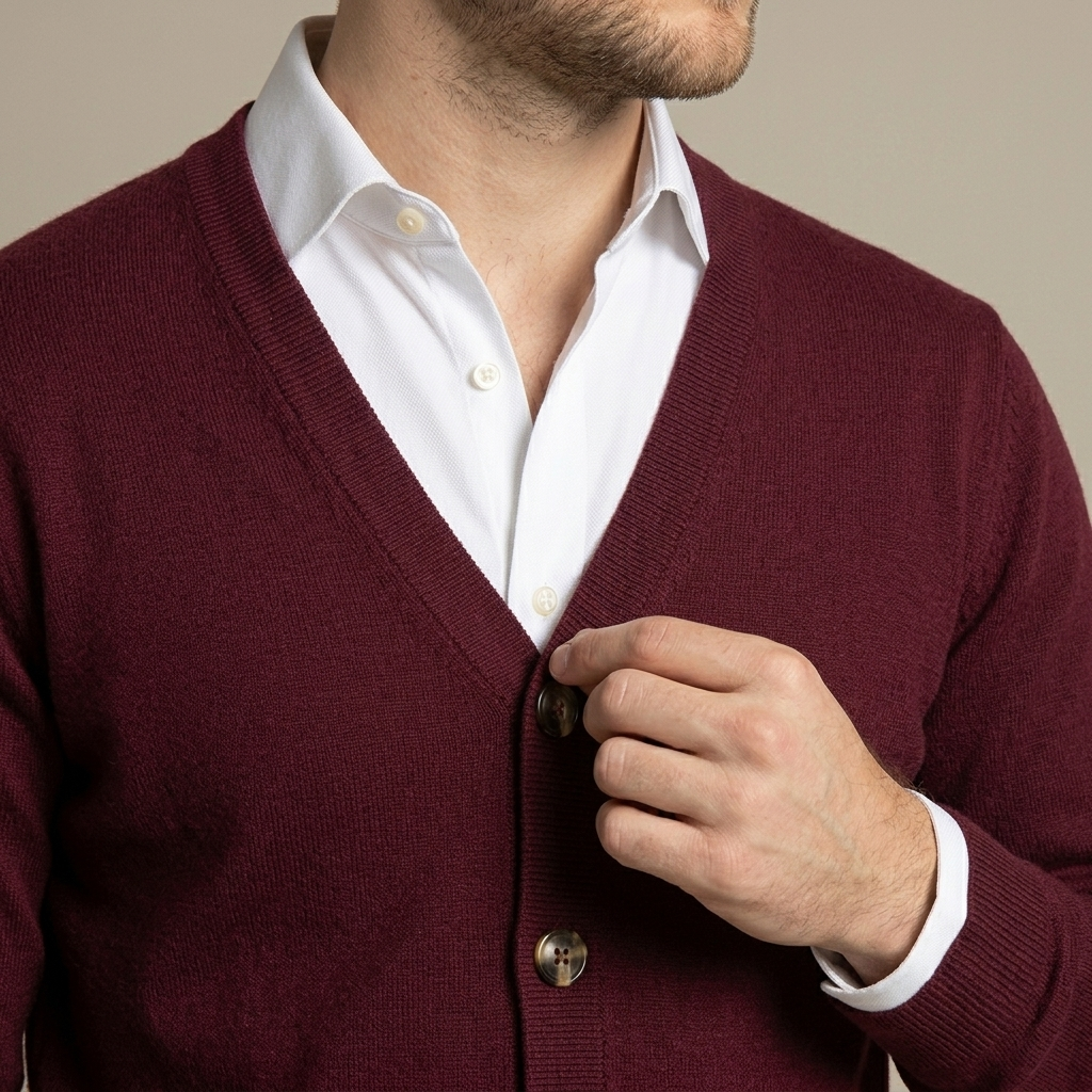 Close-up of Burgundy V-Neck Button-Knit Cardigan detail