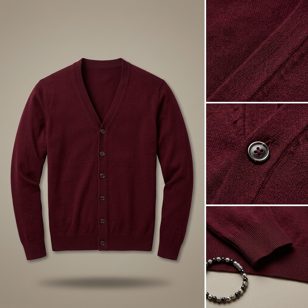 Close-up of Cardigan Burgundy V-Neck Button Knit fabric and detailing