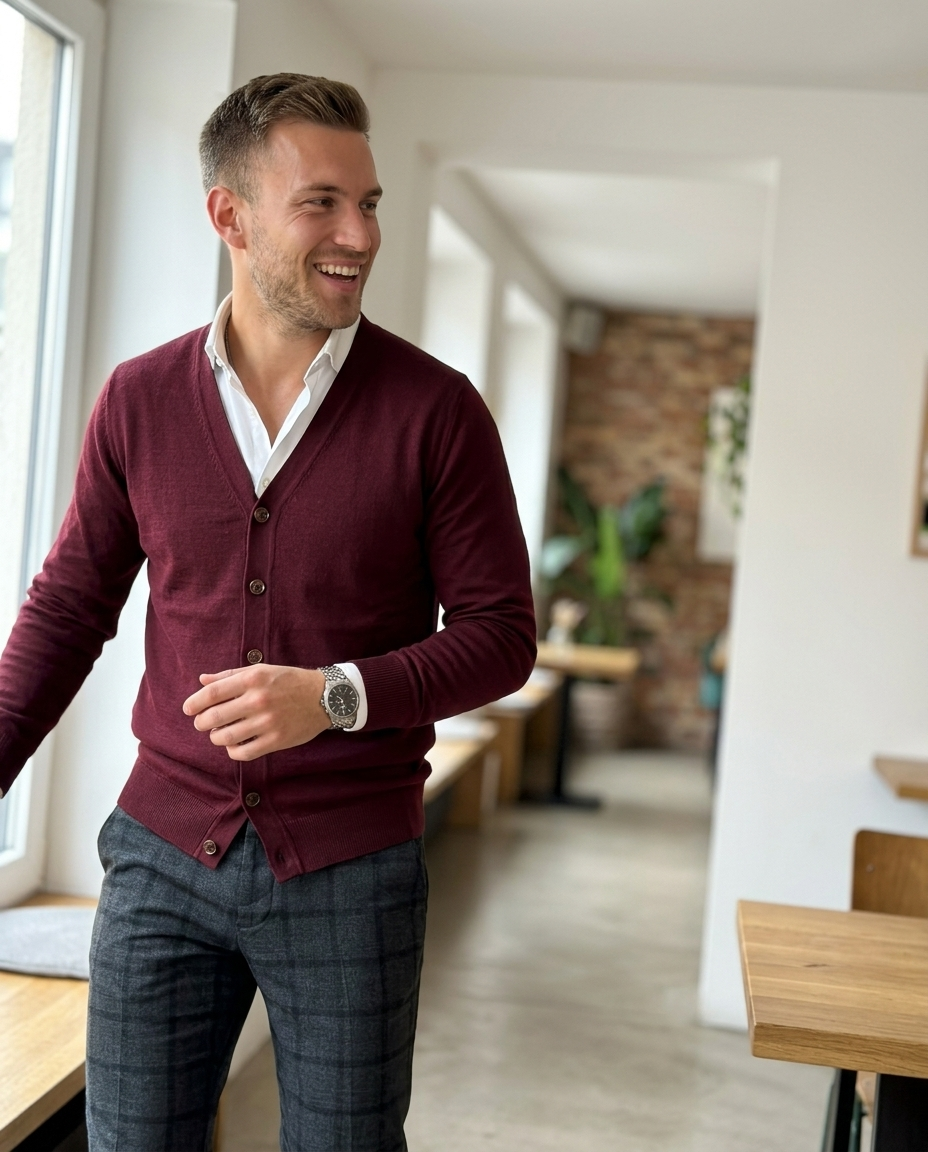 Cardigan Burgundy V-Neck Button Knit styled in a daylight interior setting