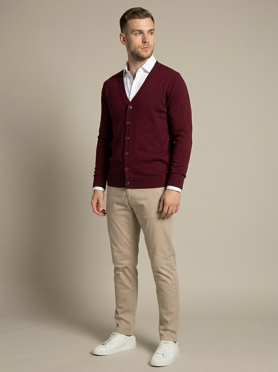 Cardigan Burgundy V-Neck Button Knit worn by a model, three-quarter angle