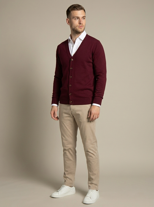Cardigan Burgundy V-Neck Button Knit worn by a model, three-quarter angle