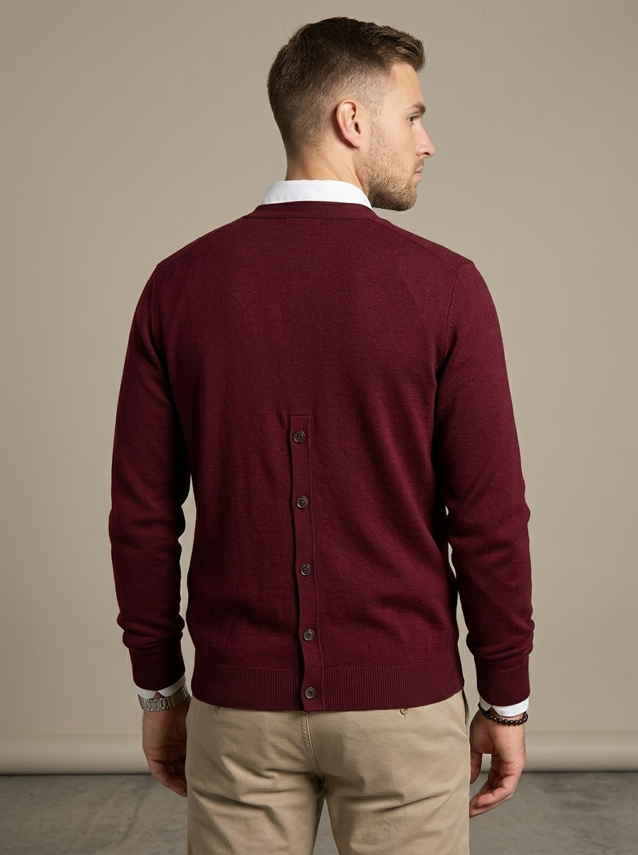 Cardigan Burgundy V-Neck Button Knit worn by a model, back view