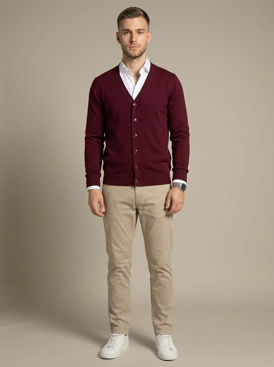 Cardigan Burgundy V-Neck Button Knit worn by a model, front view