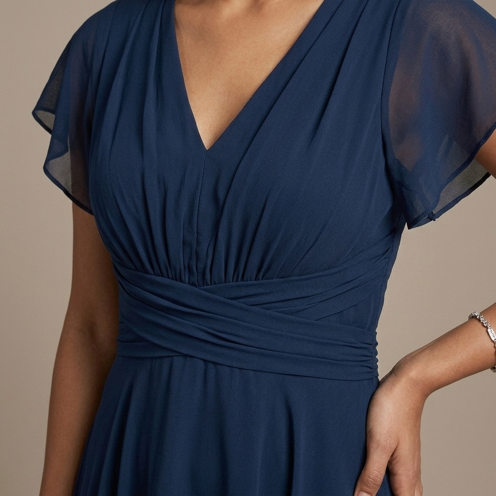 Close-up of Chiffon V-Neck Flutter Sleeve Dress detail
