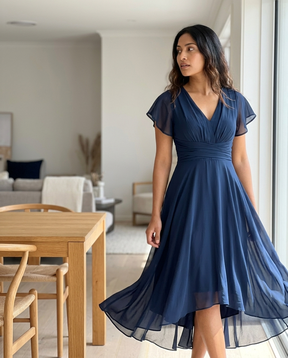 Chiffon V-Neck Flutter Sleeve Dress styled in a daylight interior setting