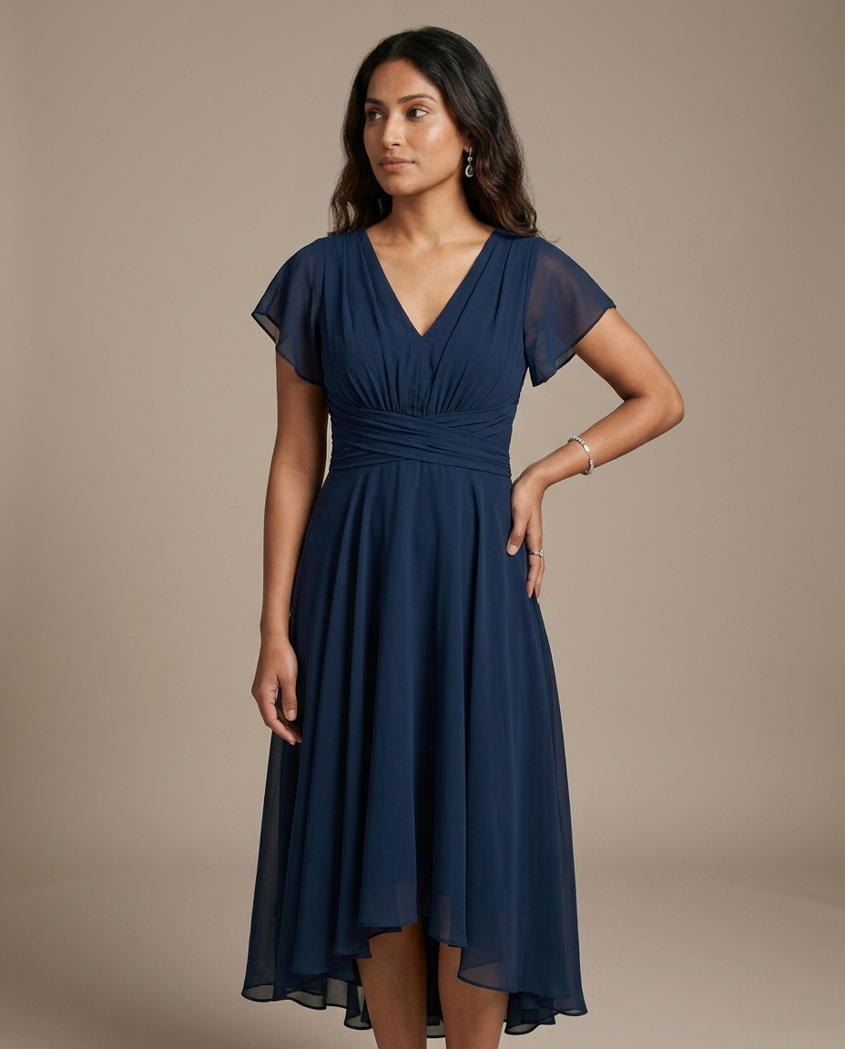 Chiffon V-Neck Flutter Sleeve Dress worn by a model, close waist-up view
