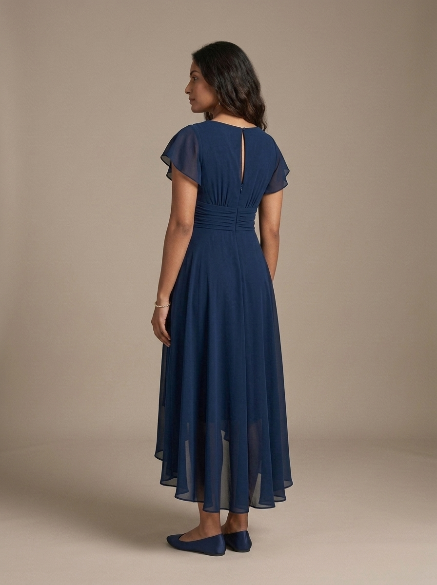 Chiffon V-Neck Flutter Sleeve Dress worn by a model, back view