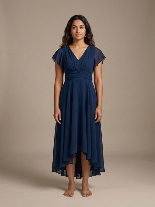 Chiffon V-Neck Flutter Sleeve Dress worn by a model, front view