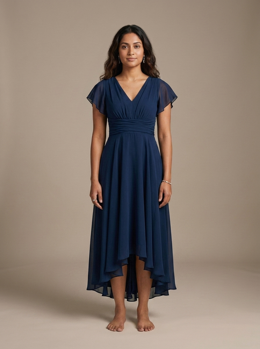 Chiffon V-Neck Flutter Sleeve Dress worn by a model, front view