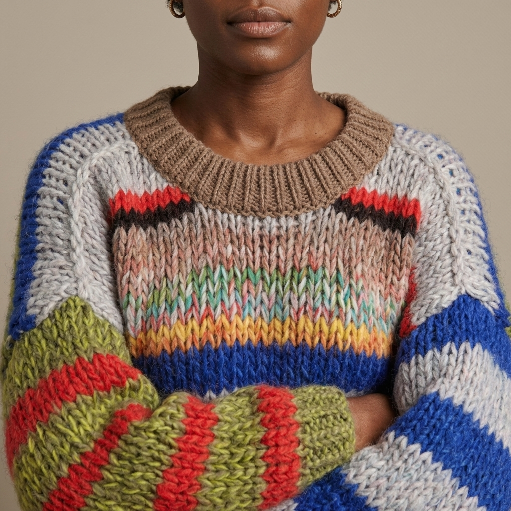 Close-up of Chunky Knit Sweater, Multicolour Stripe Voluminous Sleeve detail