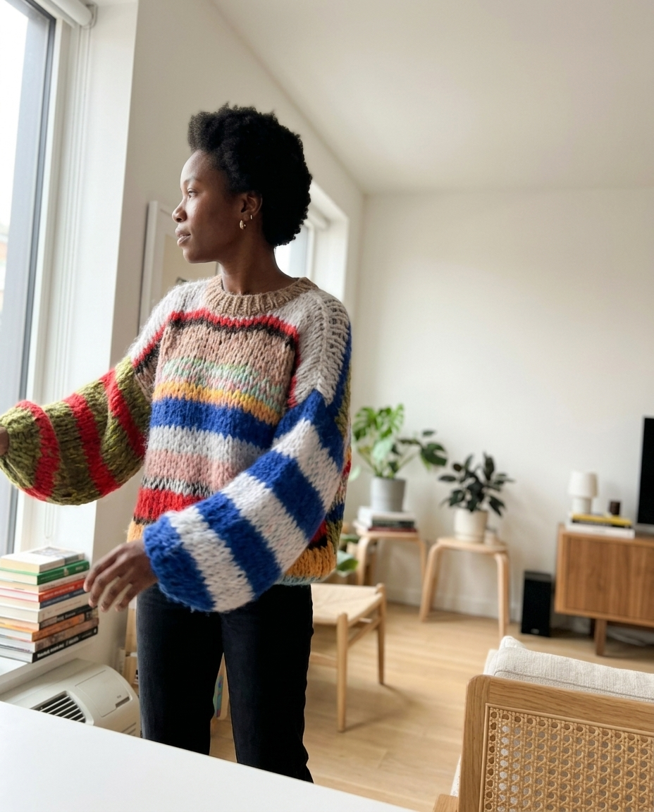Chunky Knit Sweater, Multicolour Stripe Voluminous Sleeve styled in a daylight interior setting