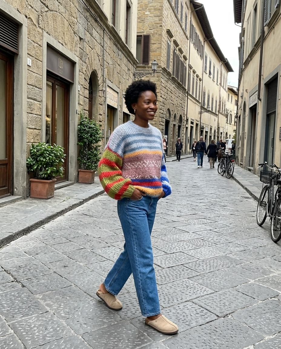 Chunky Knit Sweater, Multicolour Stripe Voluminous Sleeve worn in an everyday street setting