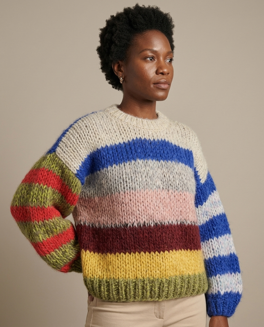 Chunky Knit Sweater, Multicolour Stripe Voluminous Sleeve worn by a model, close waist-up view