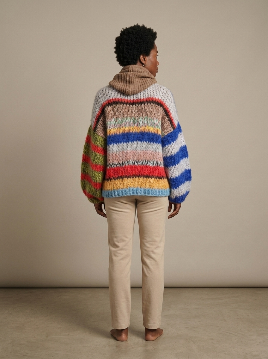 Chunky Knit Sweater, Multicolour Stripe Voluminous Sleeve worn by a model, back view