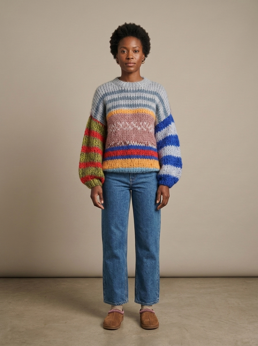 Chunky Knit Sweater, Multicolour Stripe Voluminous Sleeve worn by a model, front view