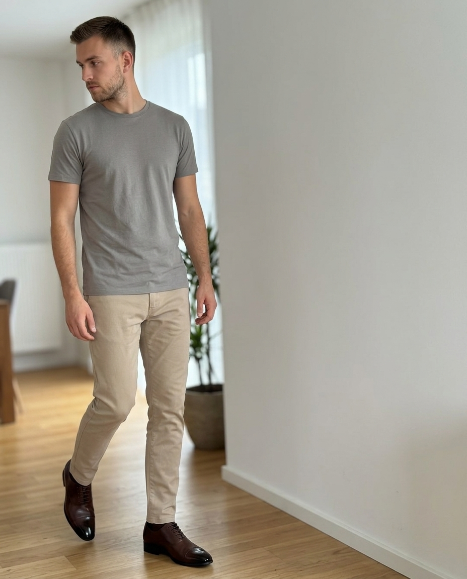 Classic Brown Leather Cap Toe Oxfords styled in a daylight interior setting