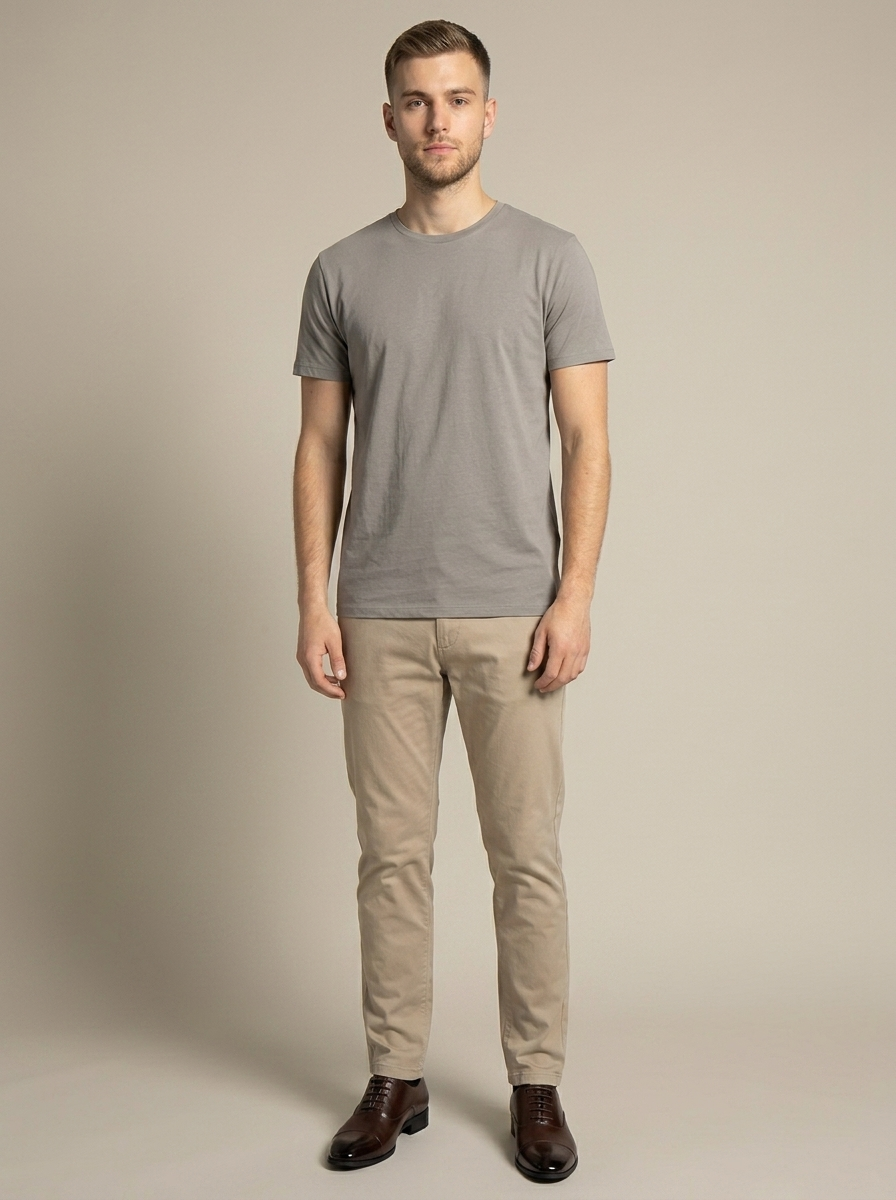 Classic Brown Leather Cap Toe Oxfords worn by a model, front view