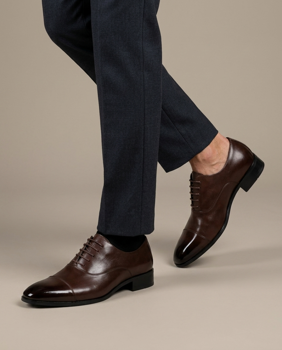 Classic Brown Leather Cap Toe Oxfords worn, walking