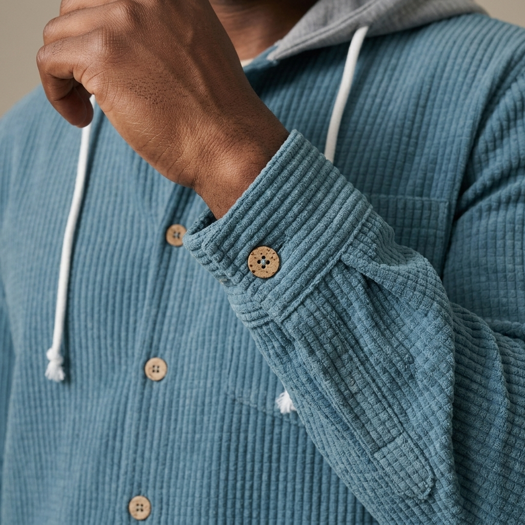 Close-up of Corduroy Hooded Button-Front Overshirt detail