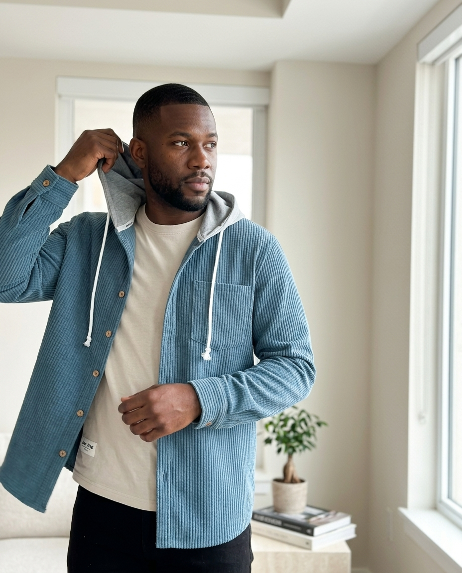 Corduroy Hooded Button-Front Overshirt styled in a daylight interior setting