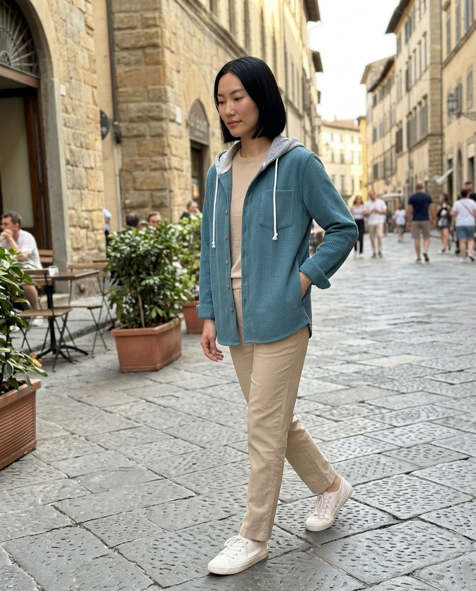 Corduroy Hooded Button-Front Overshirt worn in an everyday street setting