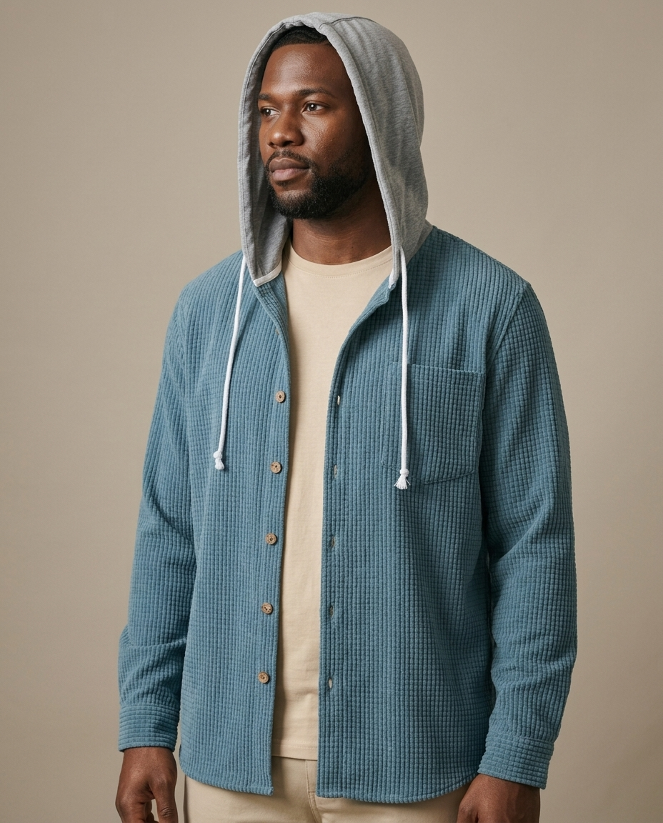 Corduroy Hooded Button-Front Overshirt worn by a model, close waist-up view