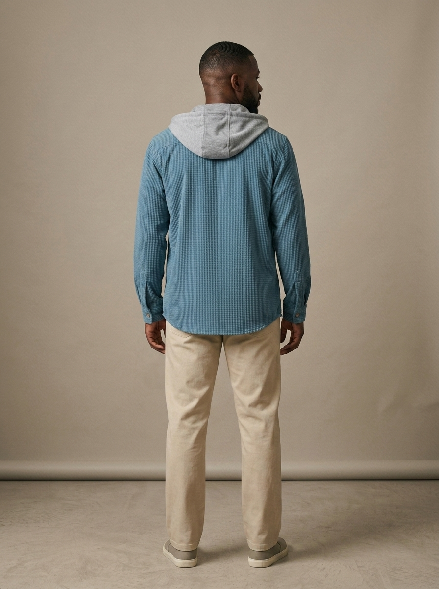 Corduroy Hooded Button-Front Overshirt worn by a model, back view