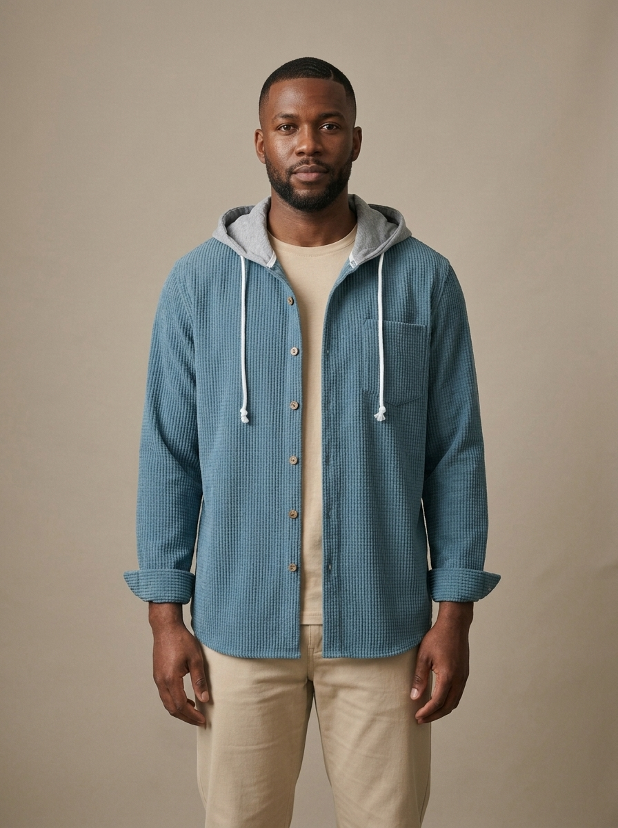 Corduroy Hooded Button-Front Overshirt worn by a model, front view