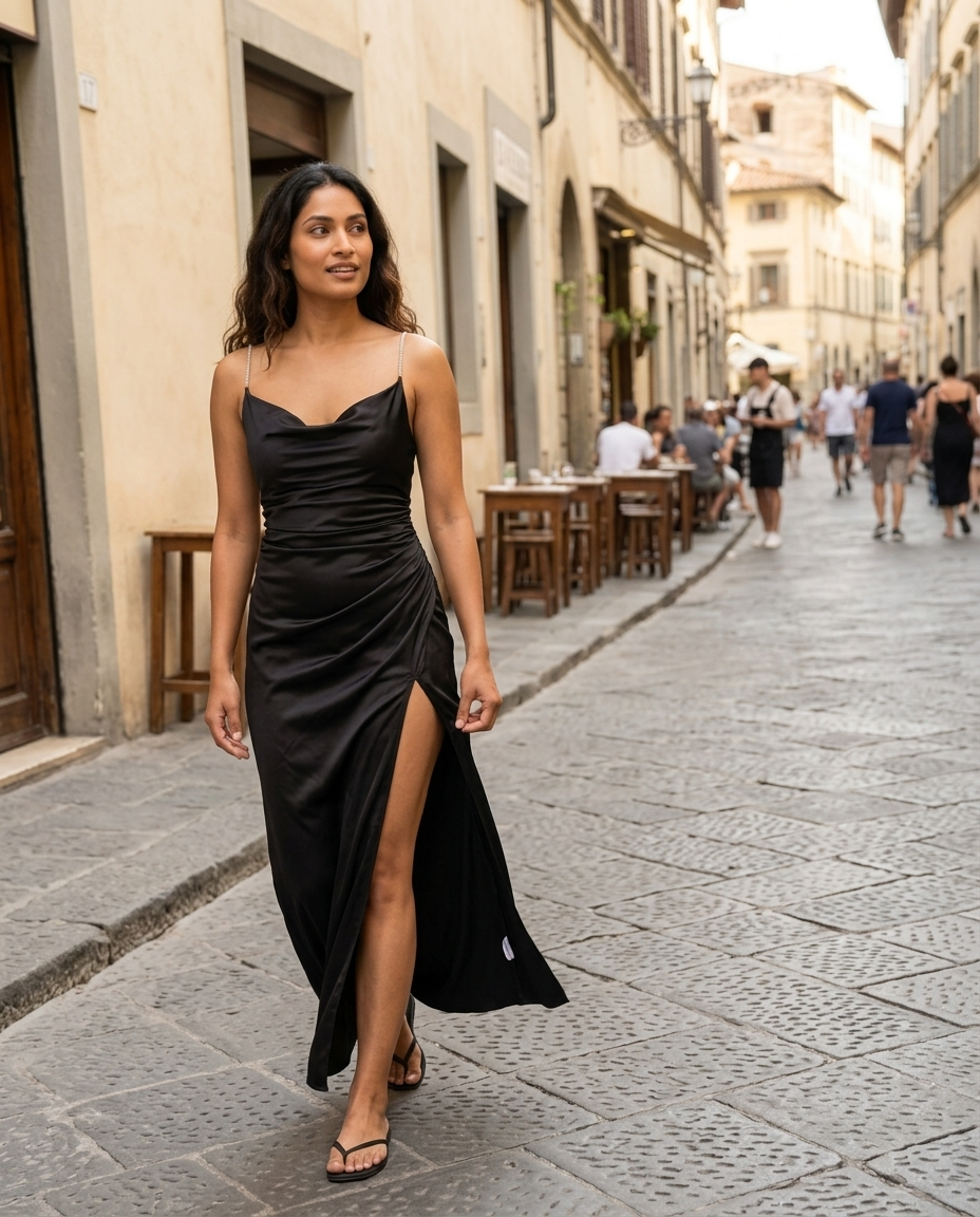 Cowl Neck Silky Maxi Dress with Rhinestone Straps worn in an everyday street setting