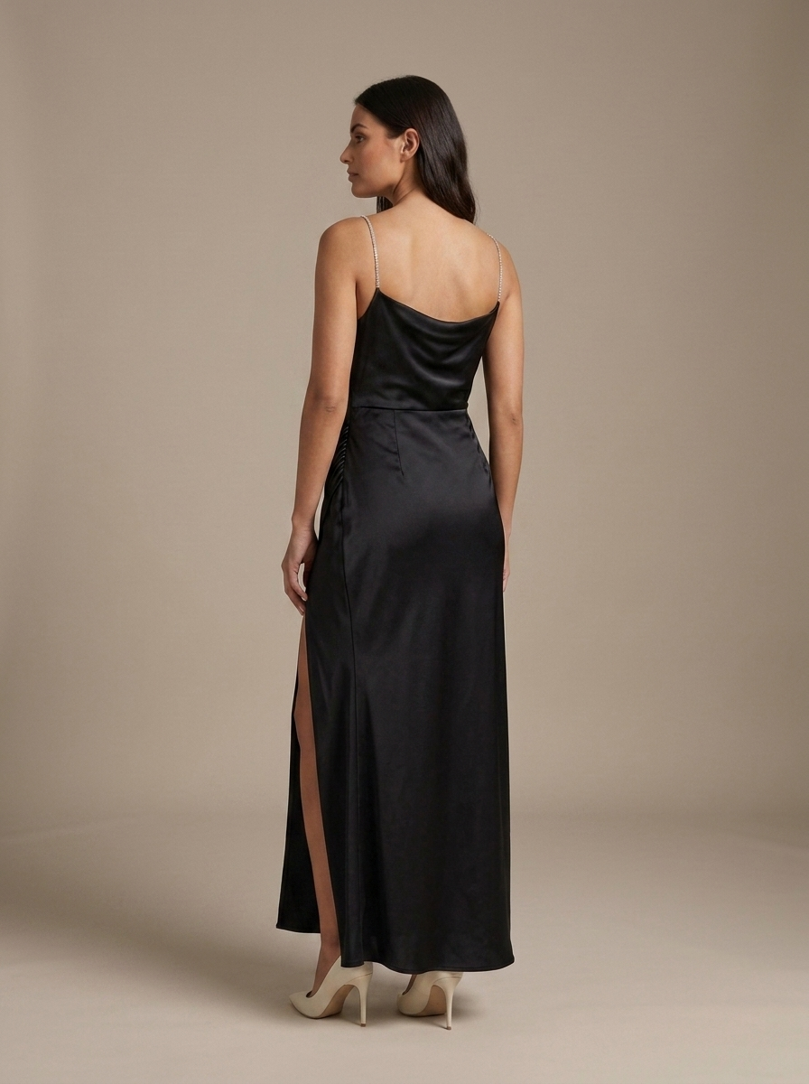 Cowl Neck Silky Maxi Dress with Rhinestone Straps worn by a model, back view