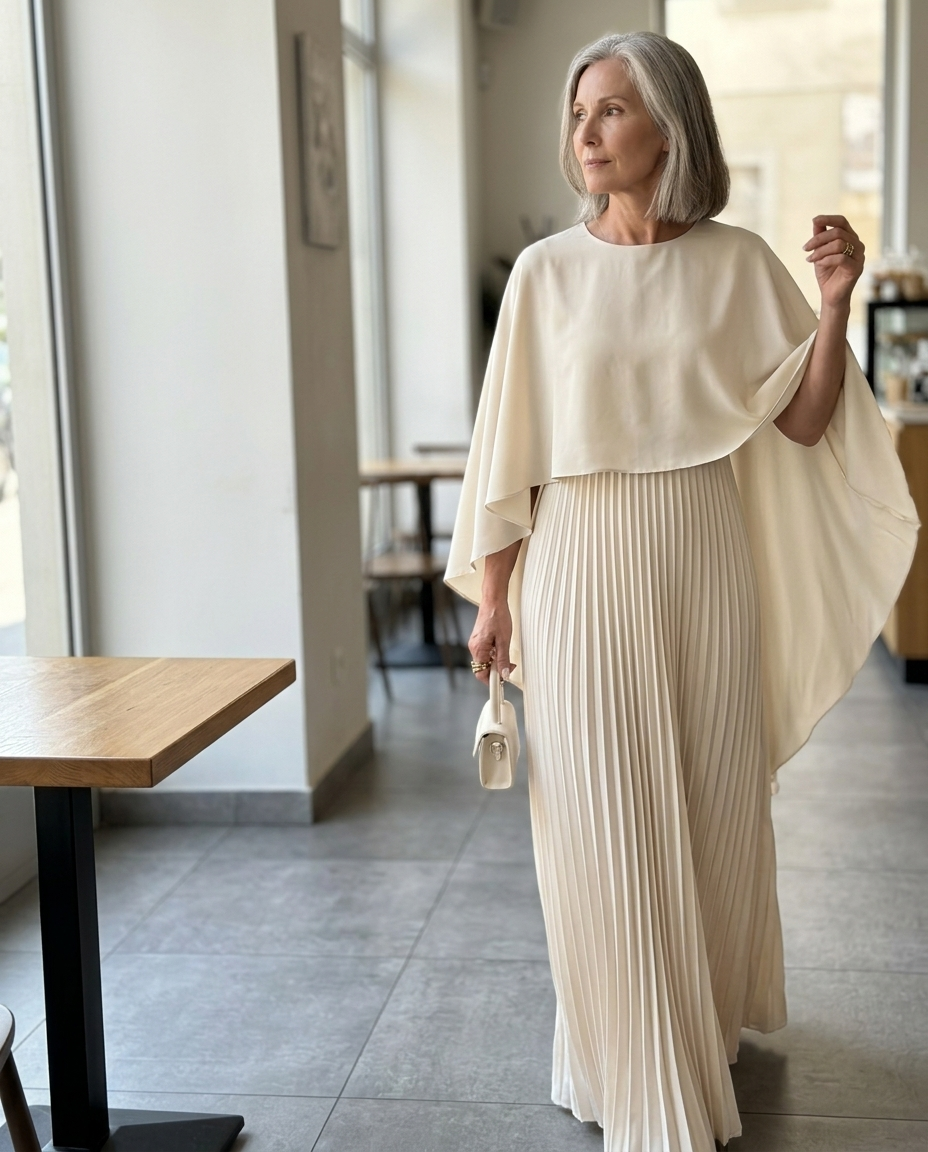 Cream Cape Pleated Maxi Dress styled in a daylight interior setting