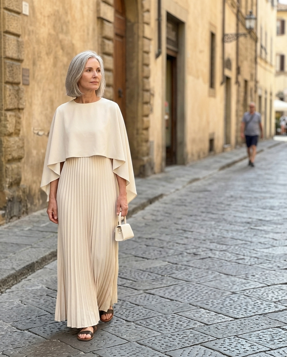 Cream Cape Pleated Maxi Dress worn in an everyday street setting