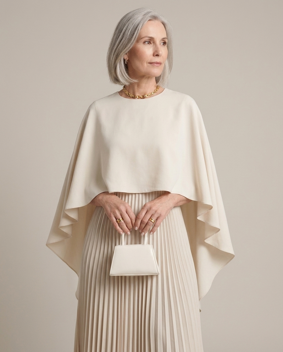 Cream Cape Pleated Maxi Dress worn by a model, close waist-up view