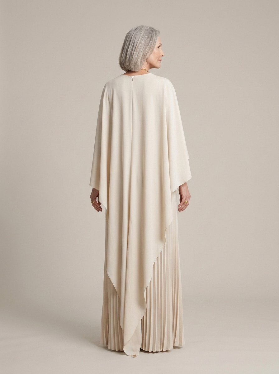 Cream Cape Pleated Maxi Dress worn by a model, back view