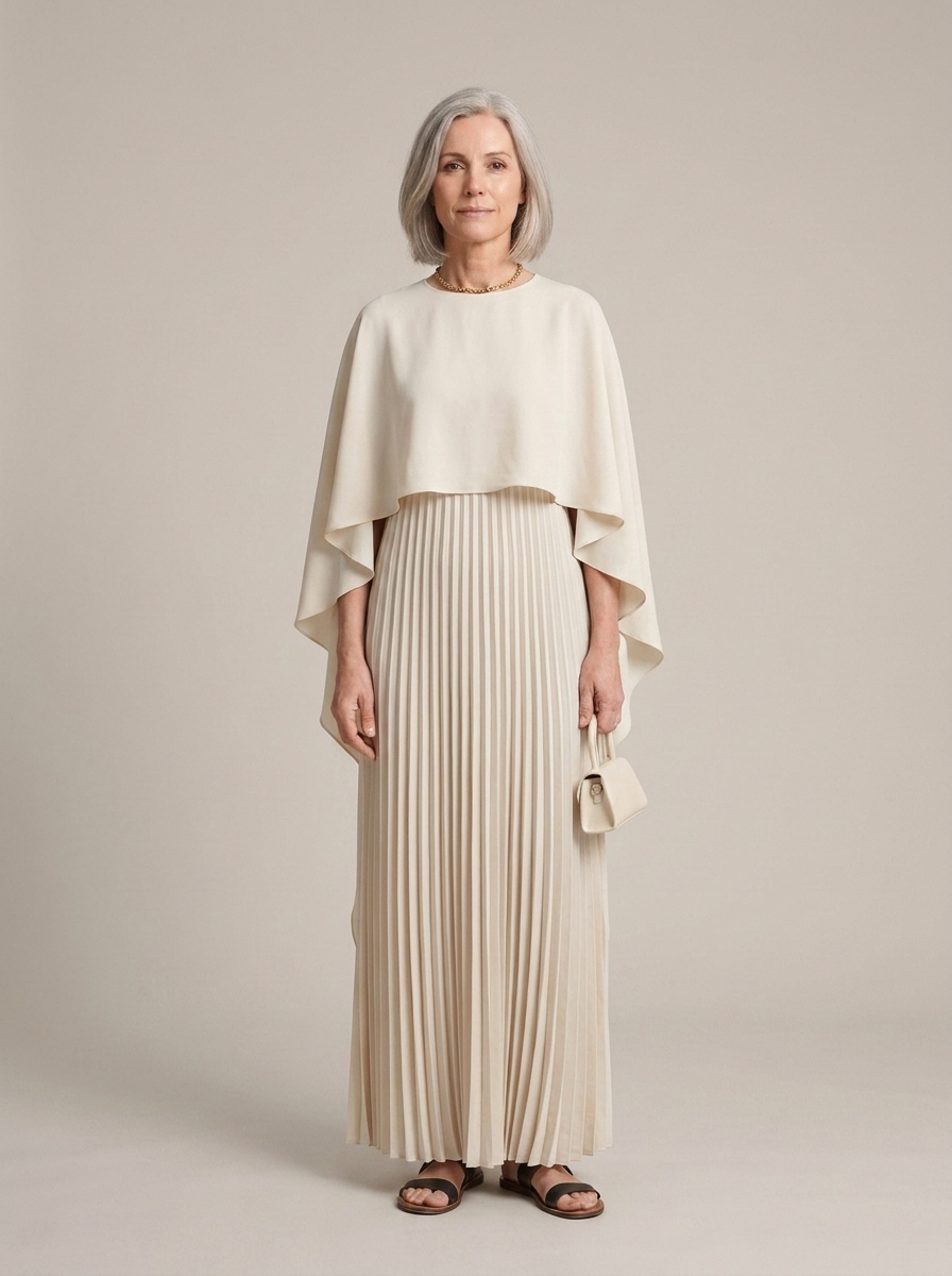 Cream Cape Pleated Maxi Dress worn by a model, front view