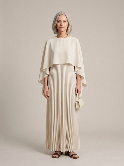 Cream Cape Pleated Maxi Dress worn by a model, front view