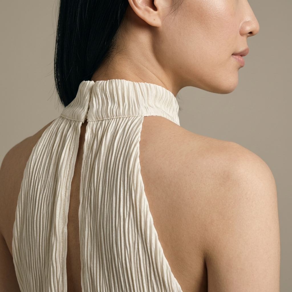 Close-up of Cream Crinkled Halter Neck Two-Piece Set detail