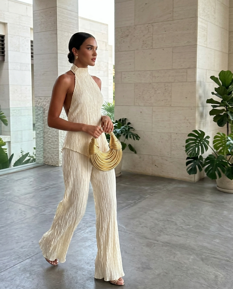 Cream Crinkled Halter Neck Two-Piece Set styled in a daylight interior setting