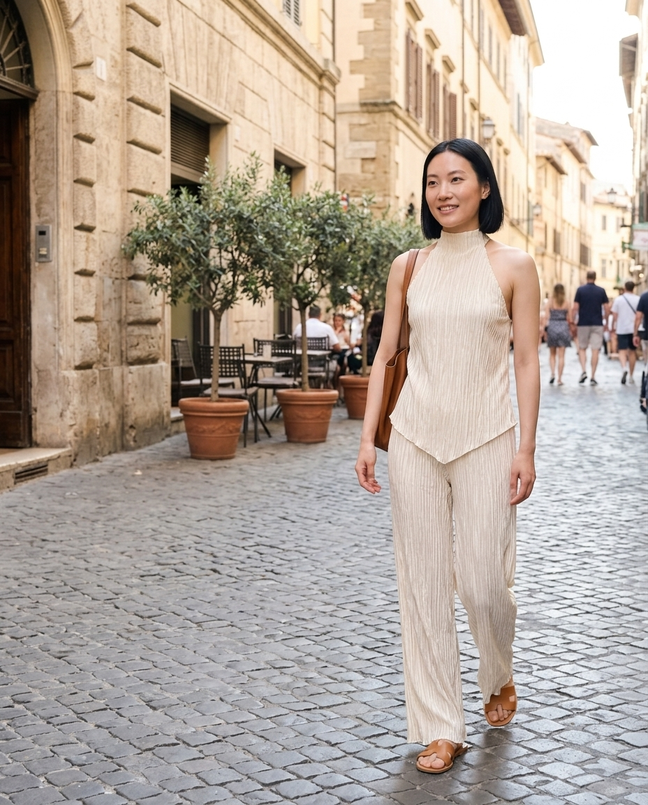 Cream Crinkled Halter Neck Two-Piece Set worn in an everyday street setting