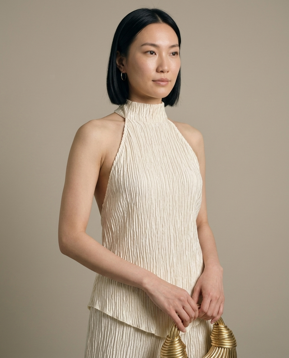 Cream Crinkled Halter Neck Two-Piece Set worn by a model, close waist-up view