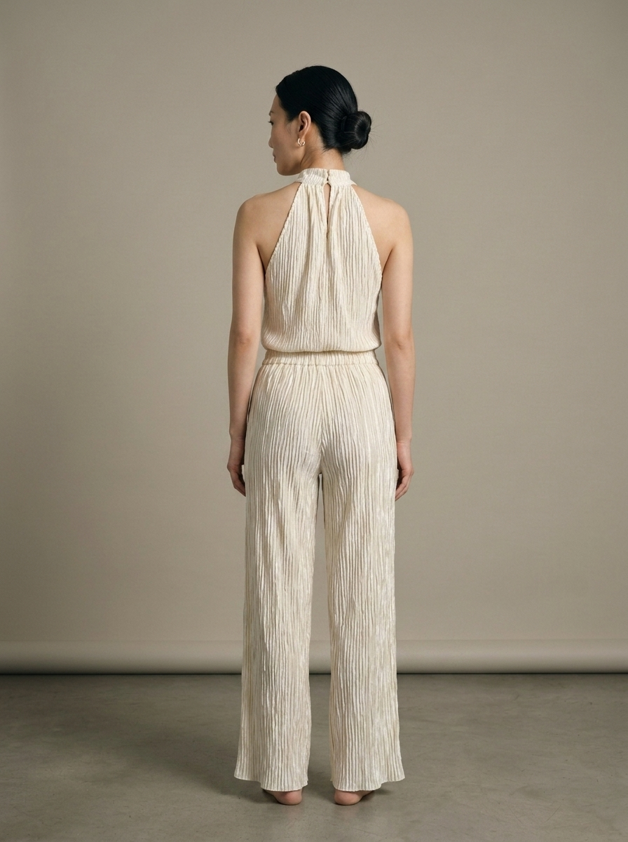 Cream Crinkled Halter Neck Two-Piece Set worn by a model, back view